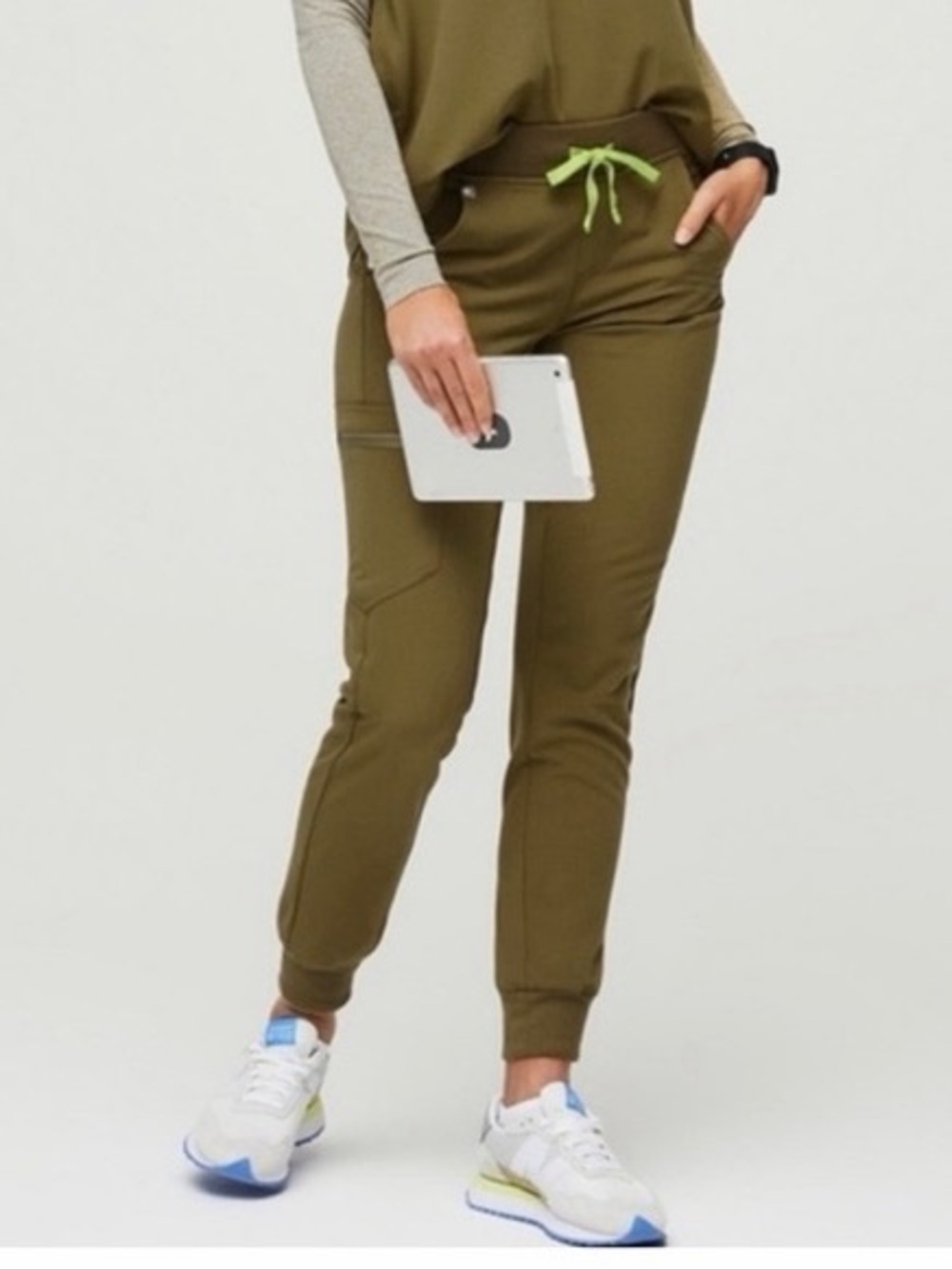 Figs RARE DISCONTINUED Martini Olive Scrub Joggers with Neon Yellow Drawstring